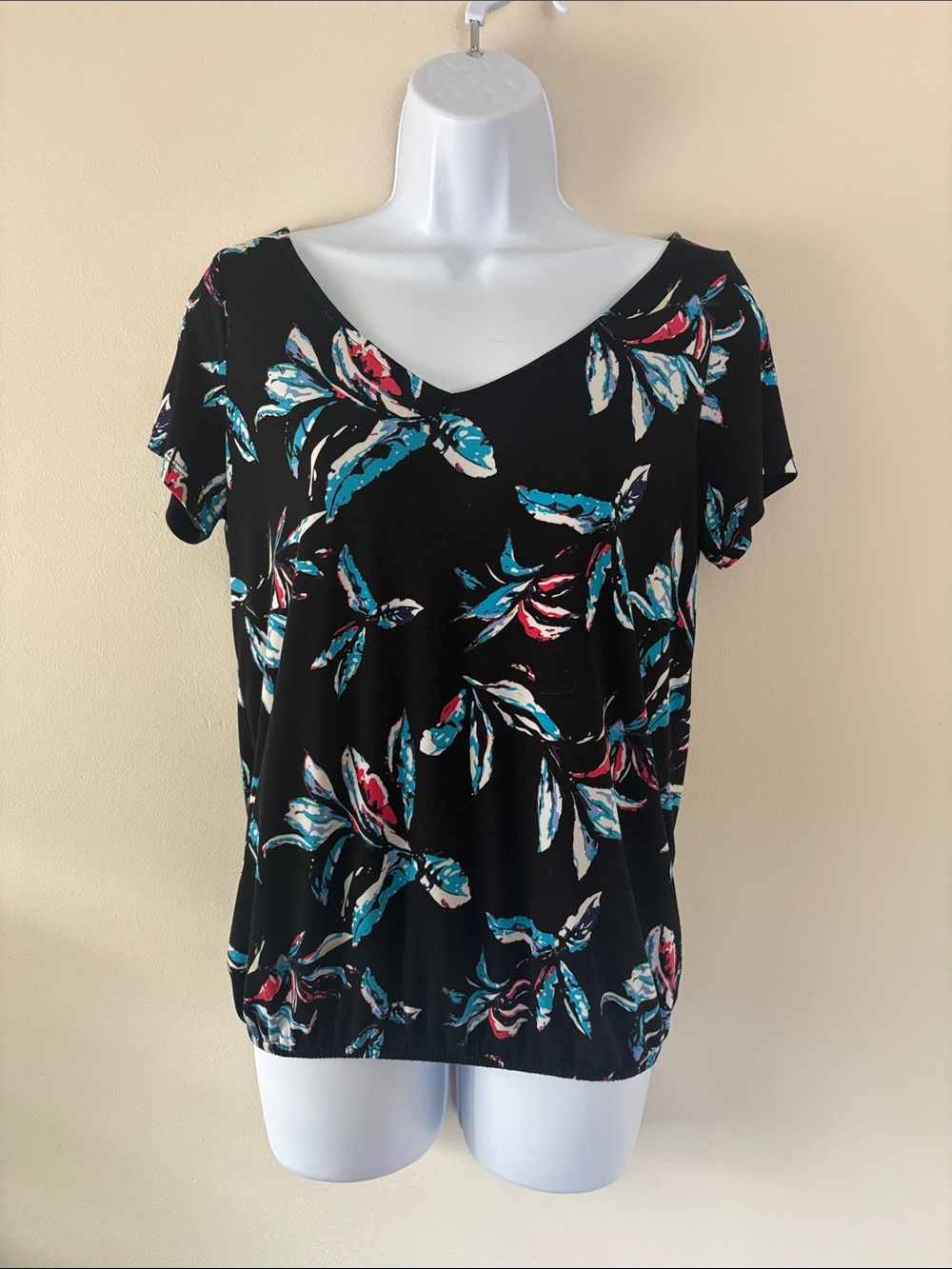 Ricki's Black Short Sleeve V-Neck Tee with Teal and Pink Floral Print